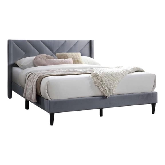 Niasa Full Size Bed-Chevron Tufted Gray Velvet Upholstered Foam