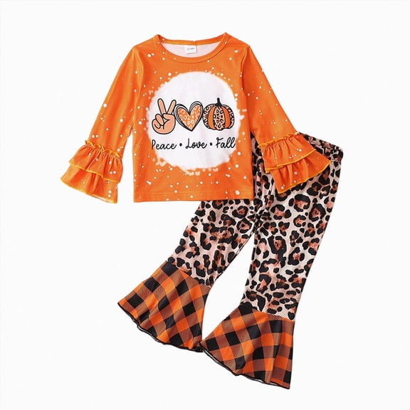 KPOPLK Fall Toddler Girl Clothes Outfits 1t 2t 3t 4t 5t 6t Leopard Plaid Long Sleeve Halloween Print Ruffle Top Flare Pants Winter Clothing Set,Size 3-4 Years