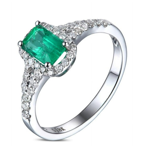 Classic Art Deco 1.75 Carat Green Emerald 7x5mm Emerald Cut Moissanite Diamond Halo Engagement Ring in 10k White Gold for Her