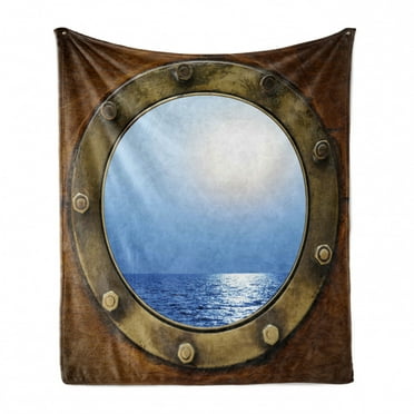 Ship Soft Flannel Fleece Throw Blanket, Port Ship Window Themed Design Looking at Ocean Nautical Marine Design, Cozy Plush for Indoor and Outdoor Use, 70" x 90", Brown Blue Earth Yellow, by Ambesonne