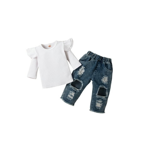 

Canrulo Toddler Baby Girls Clothes Knitted Ruffle Tops Denim Pants Jeans Outfits Autumn Spring Outfits White 4-5 Years