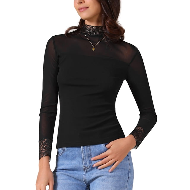 INSPIRAR CHIC Blusa de Manga Larga con Cuello Alto de Encaje Ajustada de Malla Semi Transparente para Mujeres XS Negra