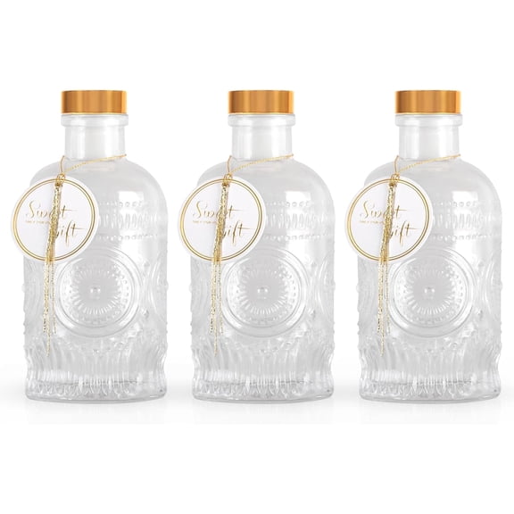 Bouteilles en Verre Transparentes - Lot de 6 Bouteilles en Verre à Base Lourde de 7 oz avec Étiquettes Cadeaux et Décorations pour Huile Vinaigre Kombucha Vin Boissons Bière Eau Soda avec Couvercle Hermétique Doré 7oz (Tournesol, 3 Pcs)