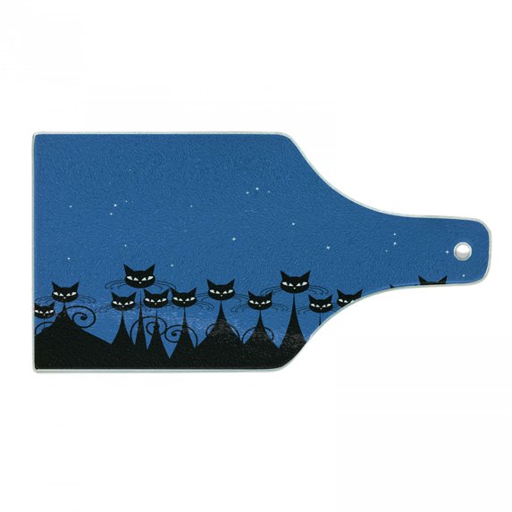 Night Cutting Board, Graphic Crowd of Black Cats and Starry Sky on the Backdrop, Decorative Tempered Glass Cutting and Serving Board, Wine Bottle Shape, Blue Black White, by Ambesonne