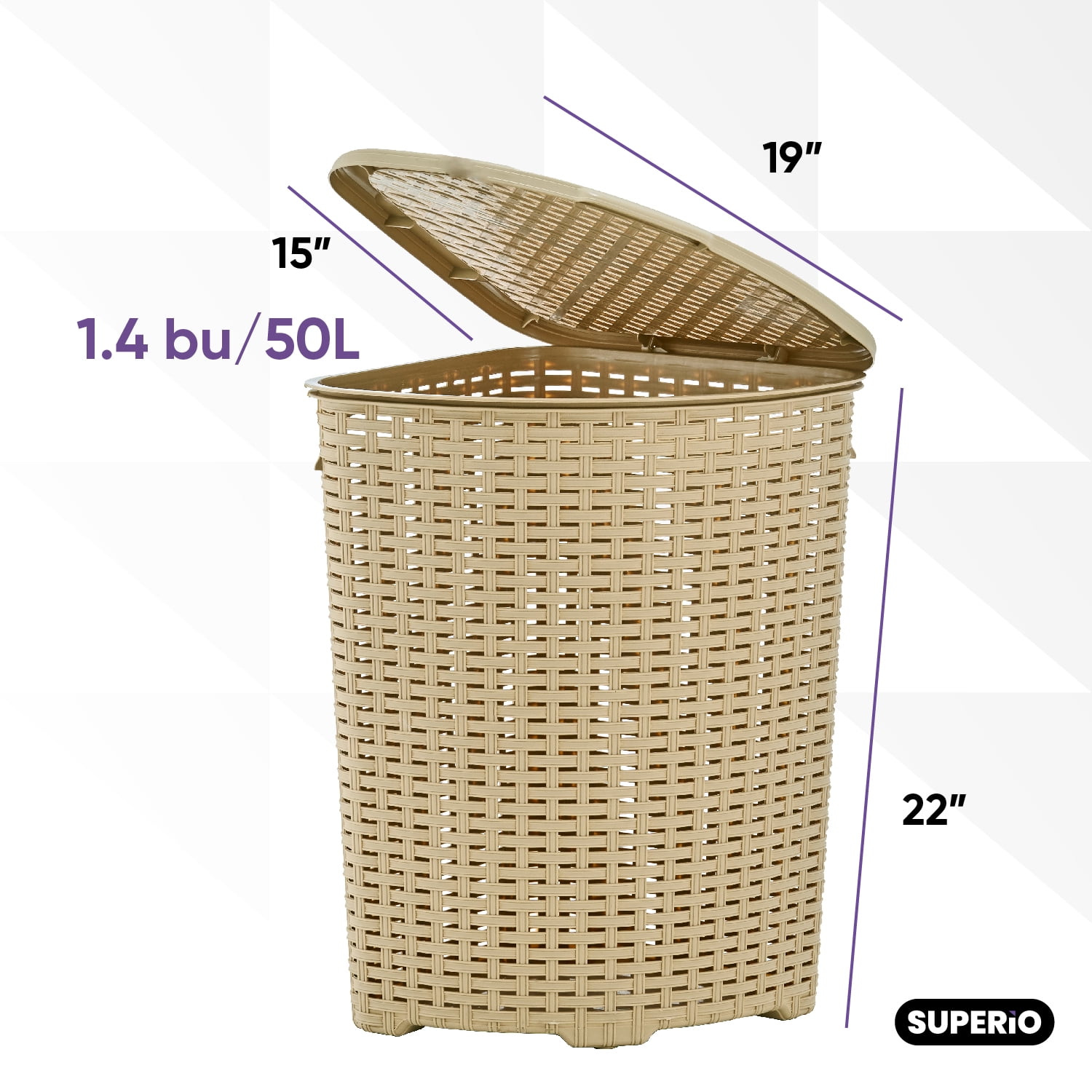 Superio 50L Wicker Plastic Corner Laundry Hamper with Lid - Beige (2 Pack)