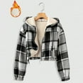 thumbnail image 2 of Womens Cropped Sherpa Fleece Lined Hooded Plaid Jacket Oversized Shacket Winter Warm Zip Up Flannel Coat Outerwear, 2 of 7