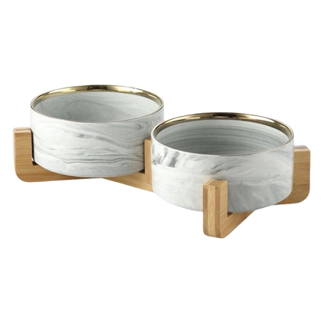 Juego de tazones de comida de cerámica Yinane con soporte de madera Gris Cuenco doble