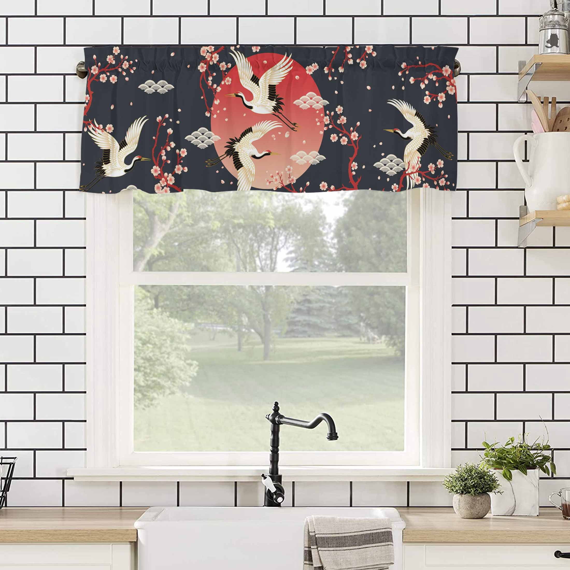 Pink Cherry Blossom Crane Valances for Windows Japanese Style Cloud Black Rod Pocket Curtain Valance Window Treatment Short Curtains for Kitchen Living Room, 60"x18"