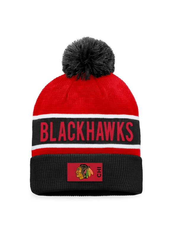 Men's Fanatics Branded Black/Red Chicago Blackhawks Authentic Pro Rink Cuffed Knit Hat with Pom - OSFA