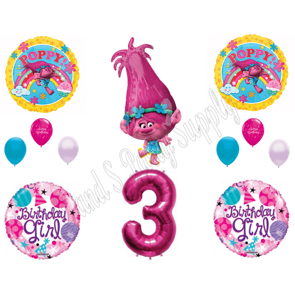POPPY TROLLS 3rd Birthday Girl Happy Party Balloons Decoration Supplies Movie