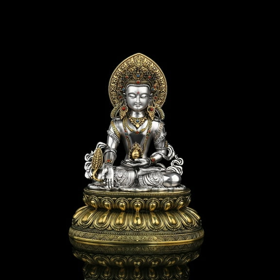 Silver-Gold Kṣitigarbha Statue Tibetan Buddha Statue Brass Gilt Kṣitigarbha for Altar Display Indoor Buddha Display Meditation Gift