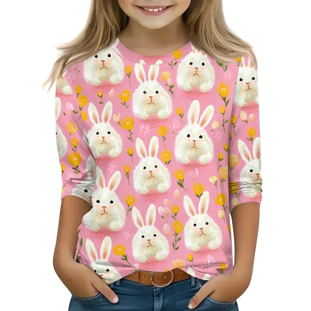 OIOLOYJM T-Shirts de Pâques pour Fille 2026 Fête Oeuf Graphique Manches 3/4 T-Shirts Printemps Col Rond Tuniques Hauts Légers Blouses Décontractées Rouge Melon D\'eau 7-8 Ans
