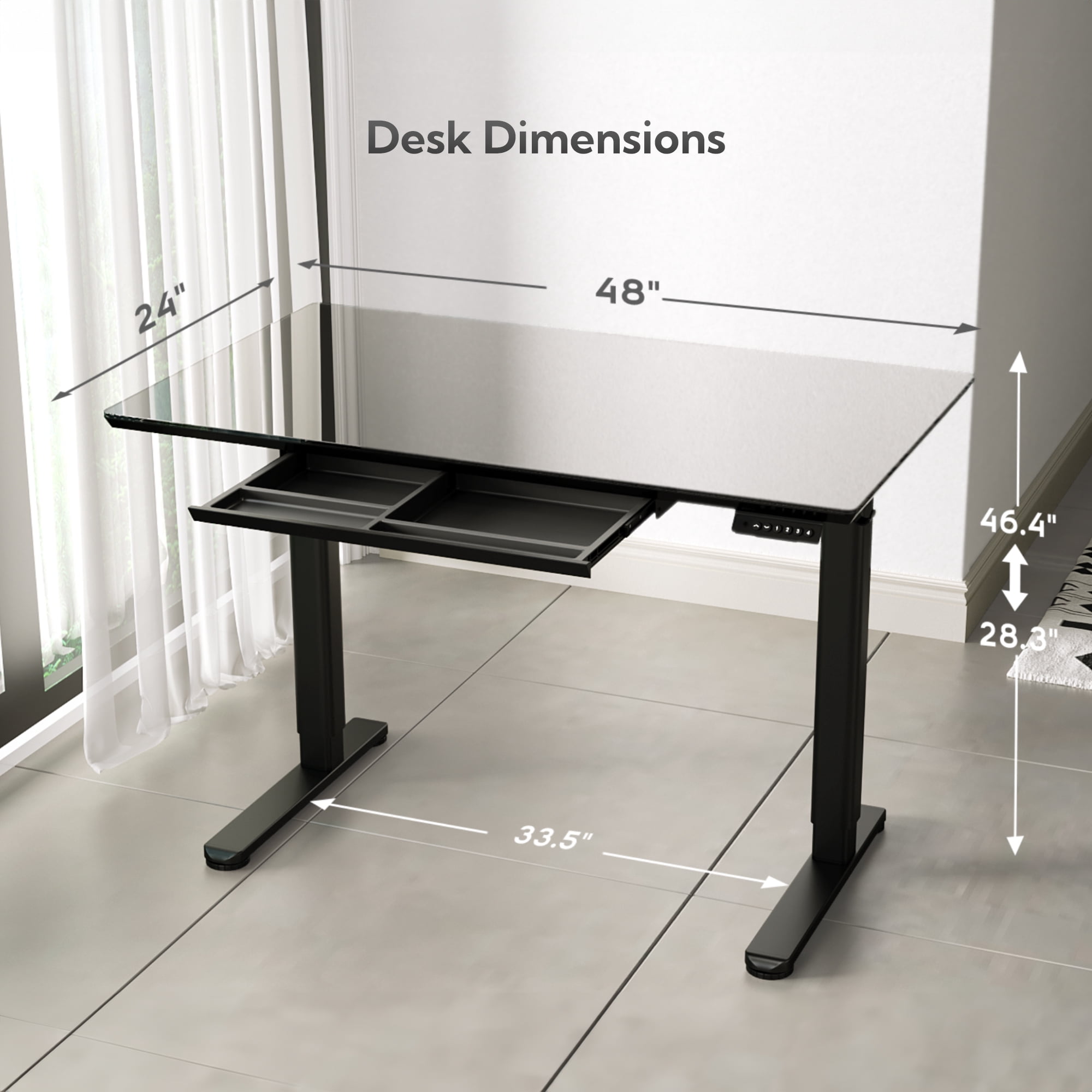 INNOVAR Glass Standing Desk with 1 Drawer, 48 × 24 inch Adjustable Stand up Office Desk, Electric Writable Glass Top Home Study Sit to Stand Computer Desk, Black