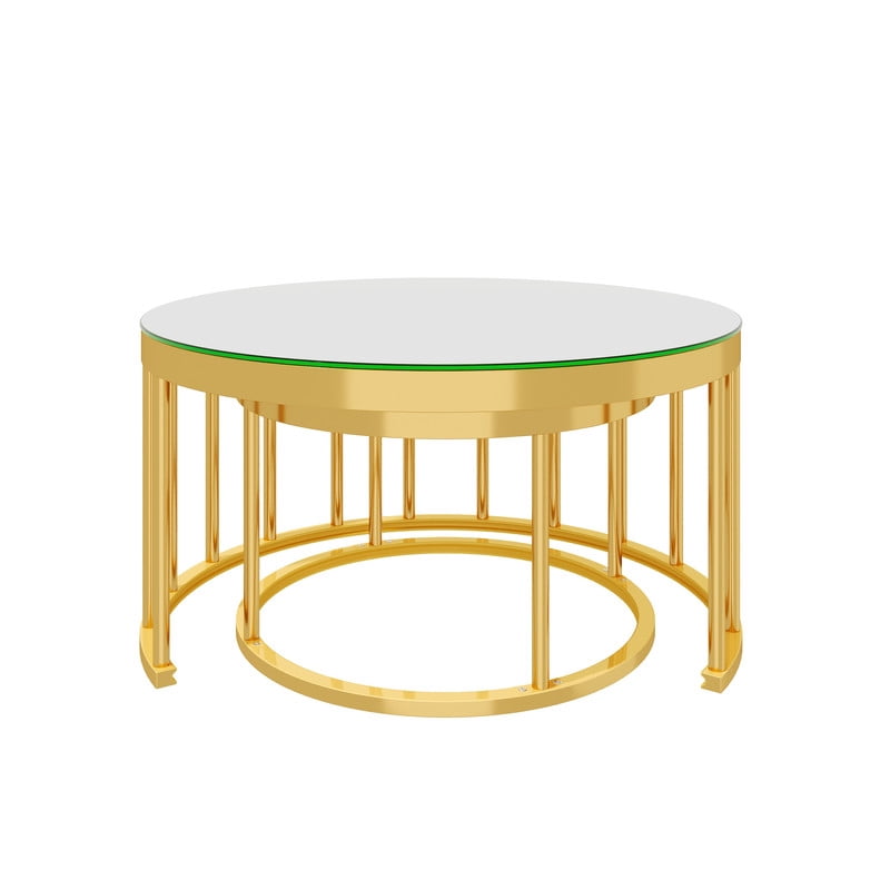 Round Nesting Coffee Table Set of 2, Modern Golden Metal Frame Accent Circular Cocktail Table with Mirrored Table Top