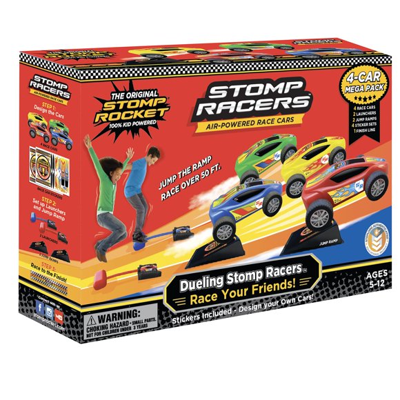 Stomp Racers Coches de carreras propulsados ​​por aire de Stomp Rocket Mega paquete de 4 coches – Lanzador de coches de juguete Stomp Racers en duelo – Divertido patio trasero y exterior, juguetes par