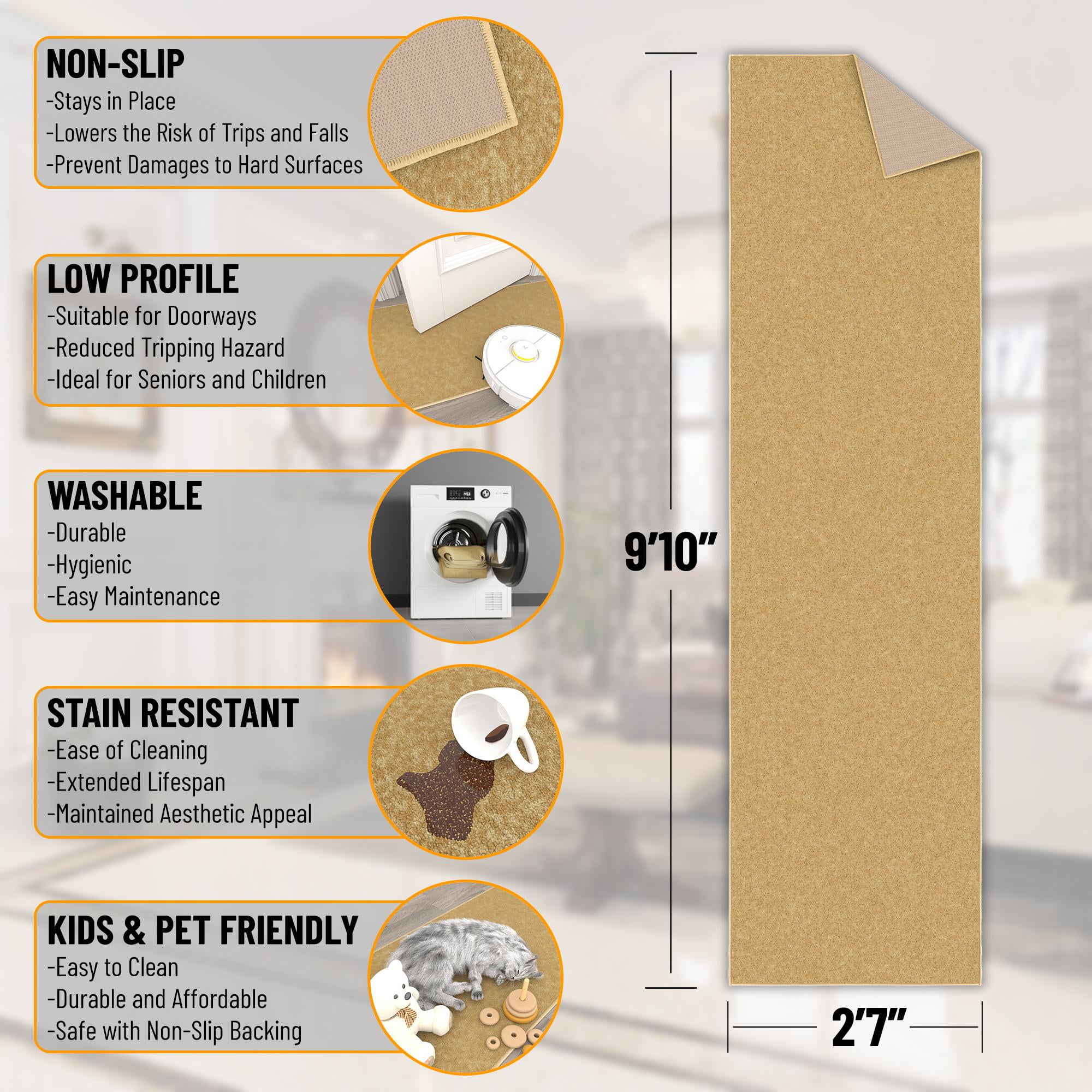 Ottomanson Solid Hallway Runner Rug 2'7" x 9'10" - Non Slip Low Pile Carpet, Beige