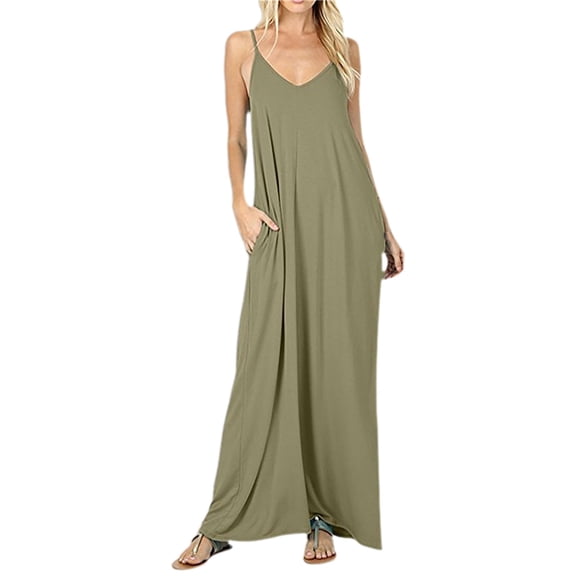 JIAYUE Women's Dress Spaghetti Strap V-Neck Ankle-Length Solid Color Loose Pocket Long Skirt Vest Sexy Classic Female Dresses