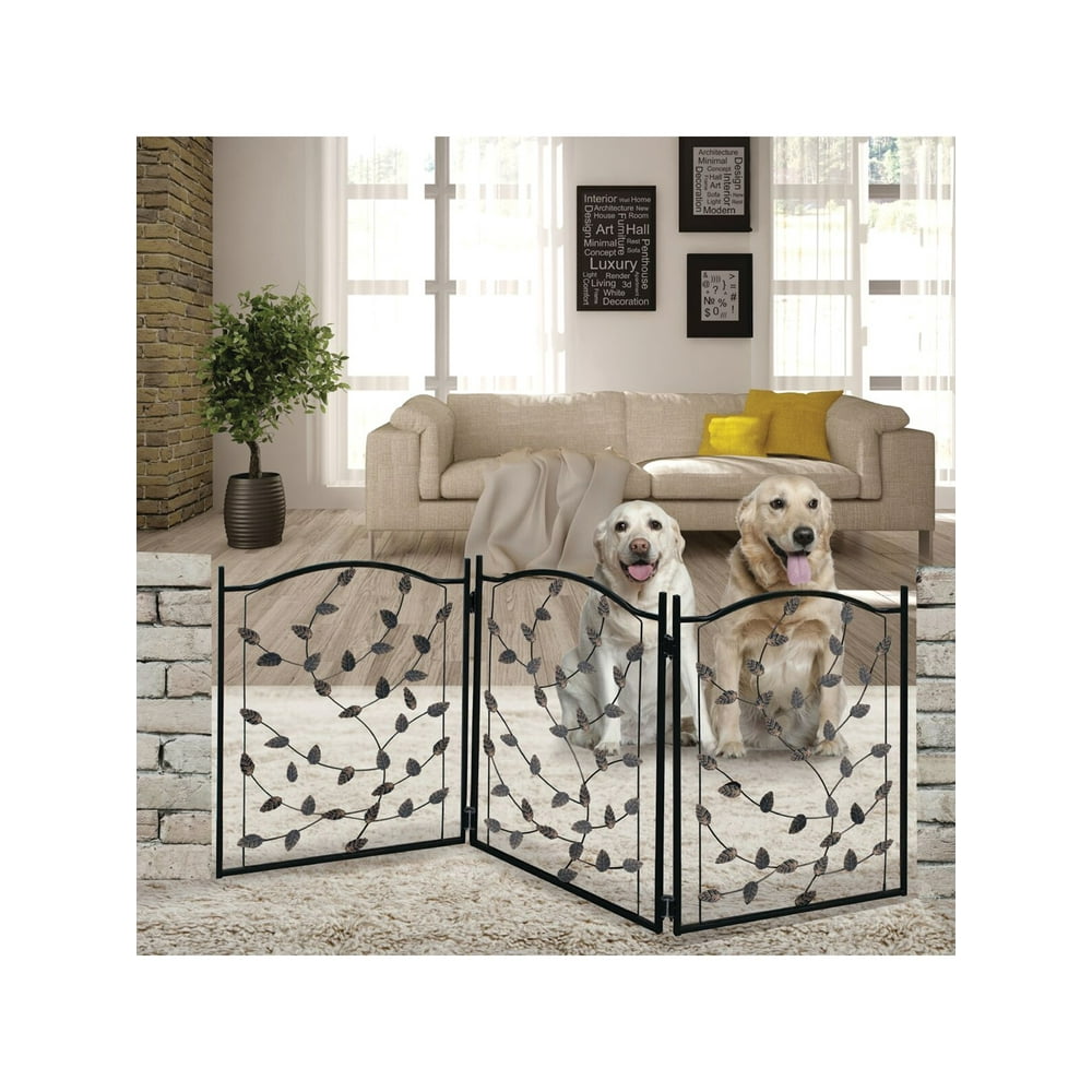 23.5"H Folding 3Panel FreeStanding Pet Gate with Metal Leaf Design