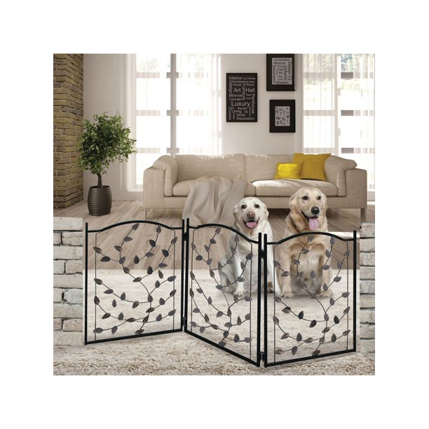 23.5"H Folding 3Panel FreeStanding Pet Gate with Metal Leaf Design