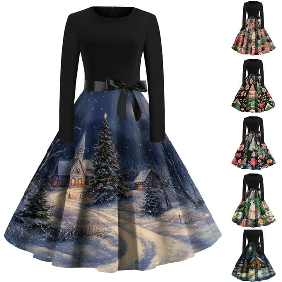 Christmas Dresses for Women Women's Christmas Printed Round Neck Big Hem Skirt Pleated Skirt Long Sleeved Dress with Christmas Tree and Snow House Print for Holiday Party,Army Green,L