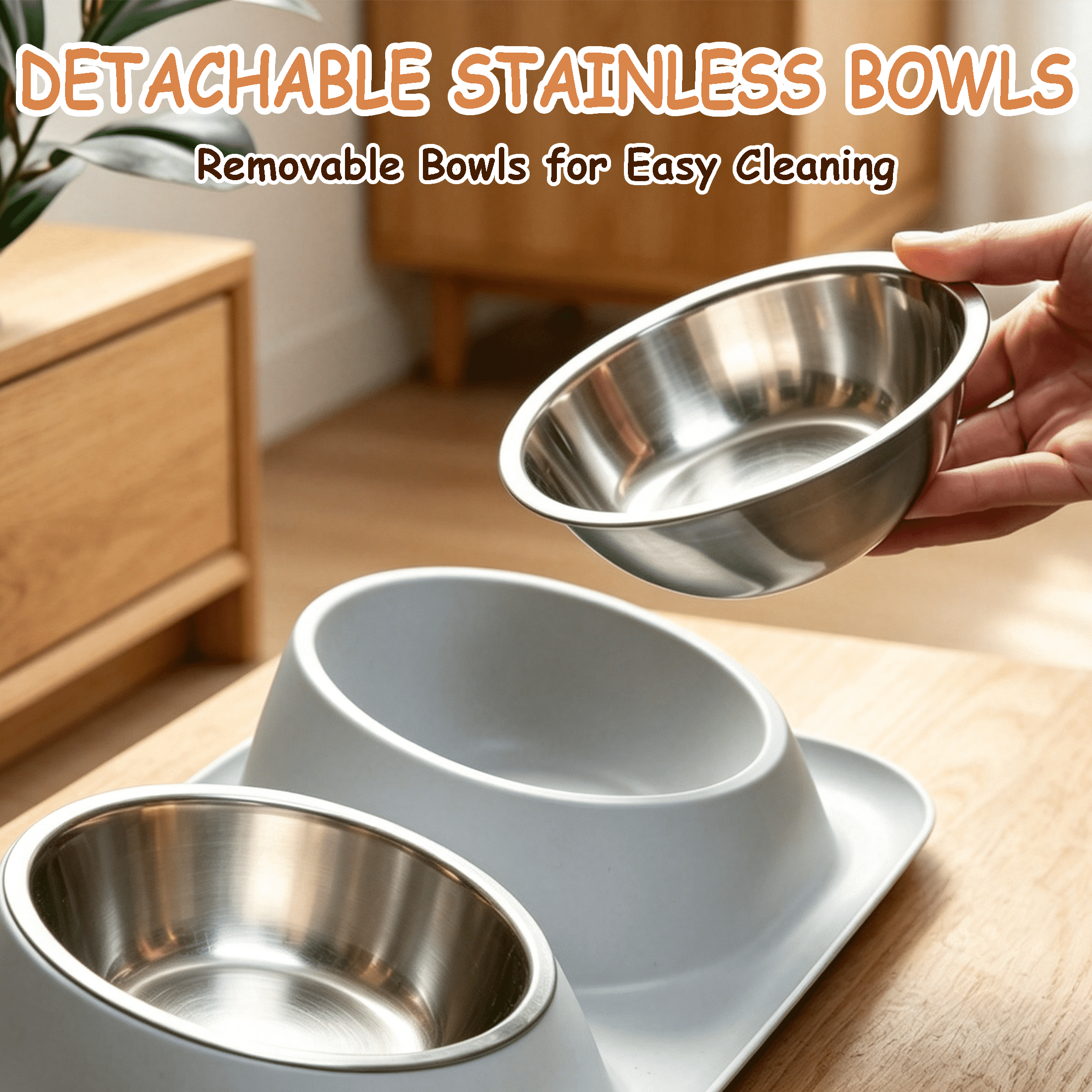 GARITIN Pet Bowls, Double Cat Dog Bowls with Spill Proof Tray, Detachable Stainless Steel Raised Pet Food Water Bowl for Small Pets