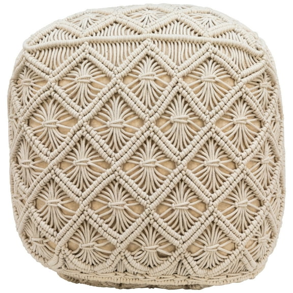 Northlight 18" Beige Handmade Macrame Natural Cotton Square Pouf Ottoman