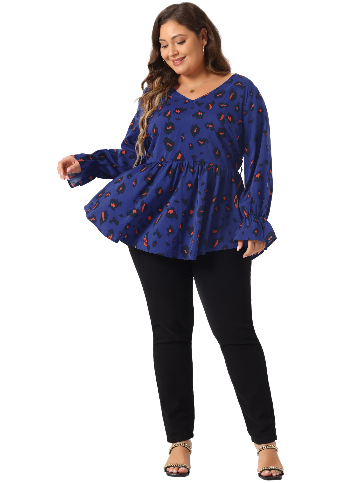 DARING DIVA Women's Plus Graphic Print Belted Long Sleeve V Neck Top 2X Royal Blue