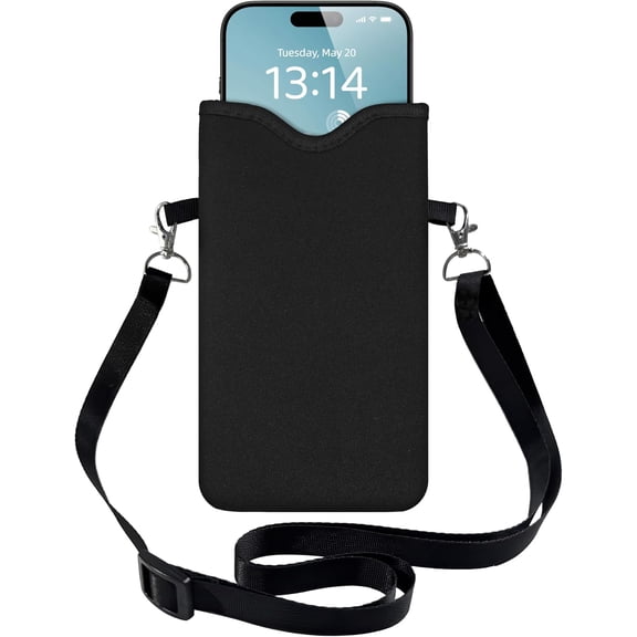 Men Women Phone Sleeve Pouch Case Bag with Crossbody Strap/Neck Lanyard, compatible with multiple smartphone models; Black