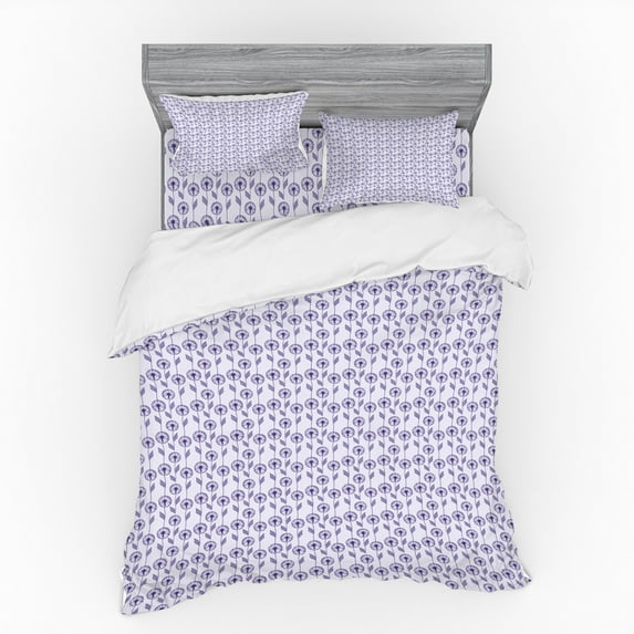 Floral Duvet Cover Set, Vertical Dandelion Flower Strips with Ornamental Leaves Dreamy Artwork, Bedding Set with Shams and Fitted Sheet, 3 Sizes, by Ambesonne