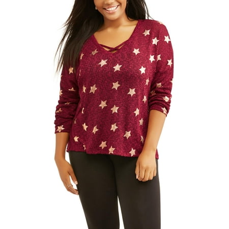 Juniors' Plus Graphic Print Caged V-Neck Pullover With Foil