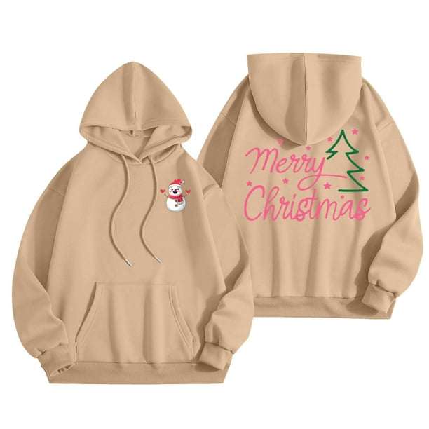 WILLBEST Sudaderas Deportivas para Mujer, Camiseta de Feliz Navidad para Mujer, Sudadera con Estampado de Letras y Árbol de Navidad, Sudadera con Capucha Navideña X-Grande
