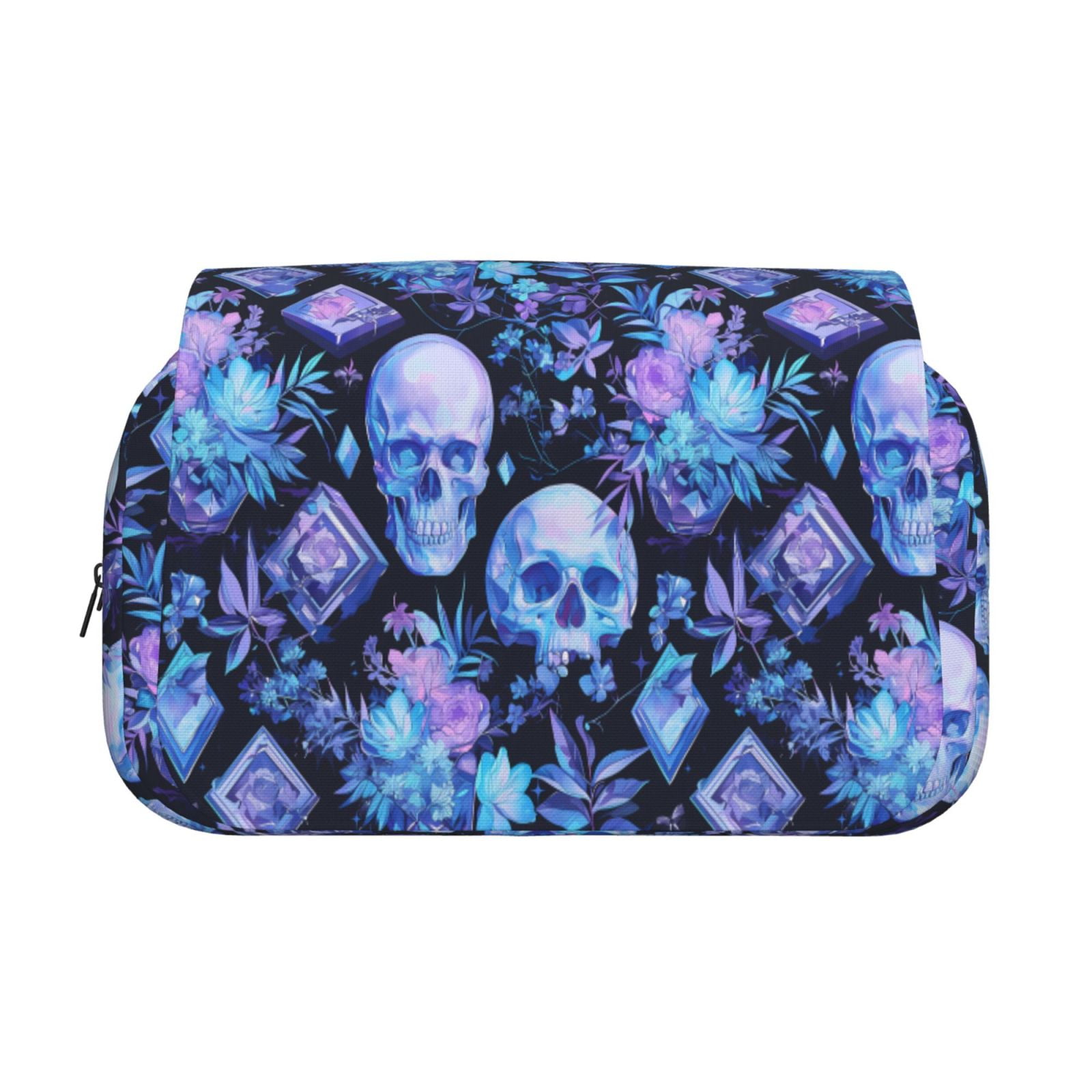 Rateoe Skull blue crystal flower Pattern Double Clamshell Pen Case, Storage Organizer with Two Zipper Compartments– Holds Up to 50 Pencils & Pens