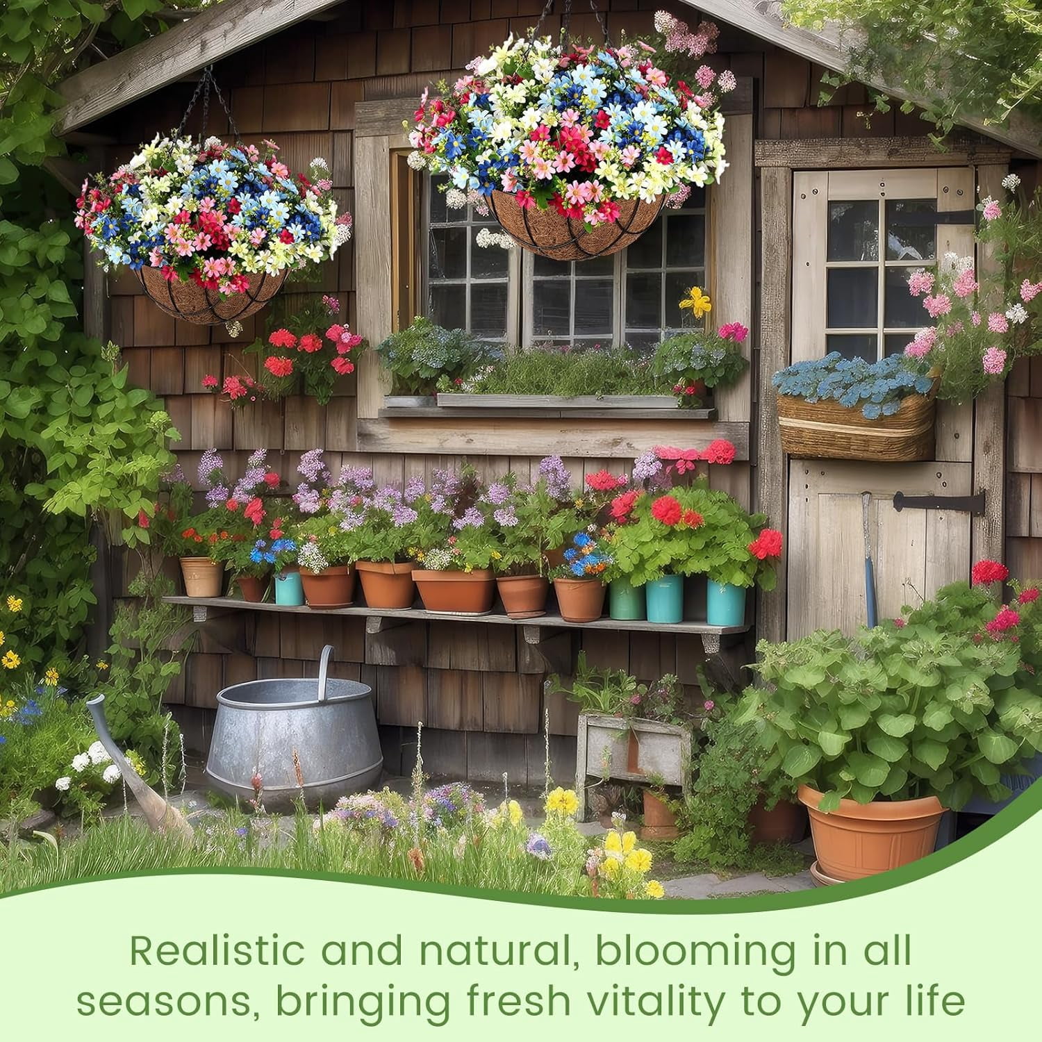 2 Pack Artificial Hanging Baskets with Flowers for Outdoors Fake Hanging Plants for Spring Summer Porch Home Decoration Artificial Daisy Flower Arrangement in Coconut Lining Baskets(Mix Color)