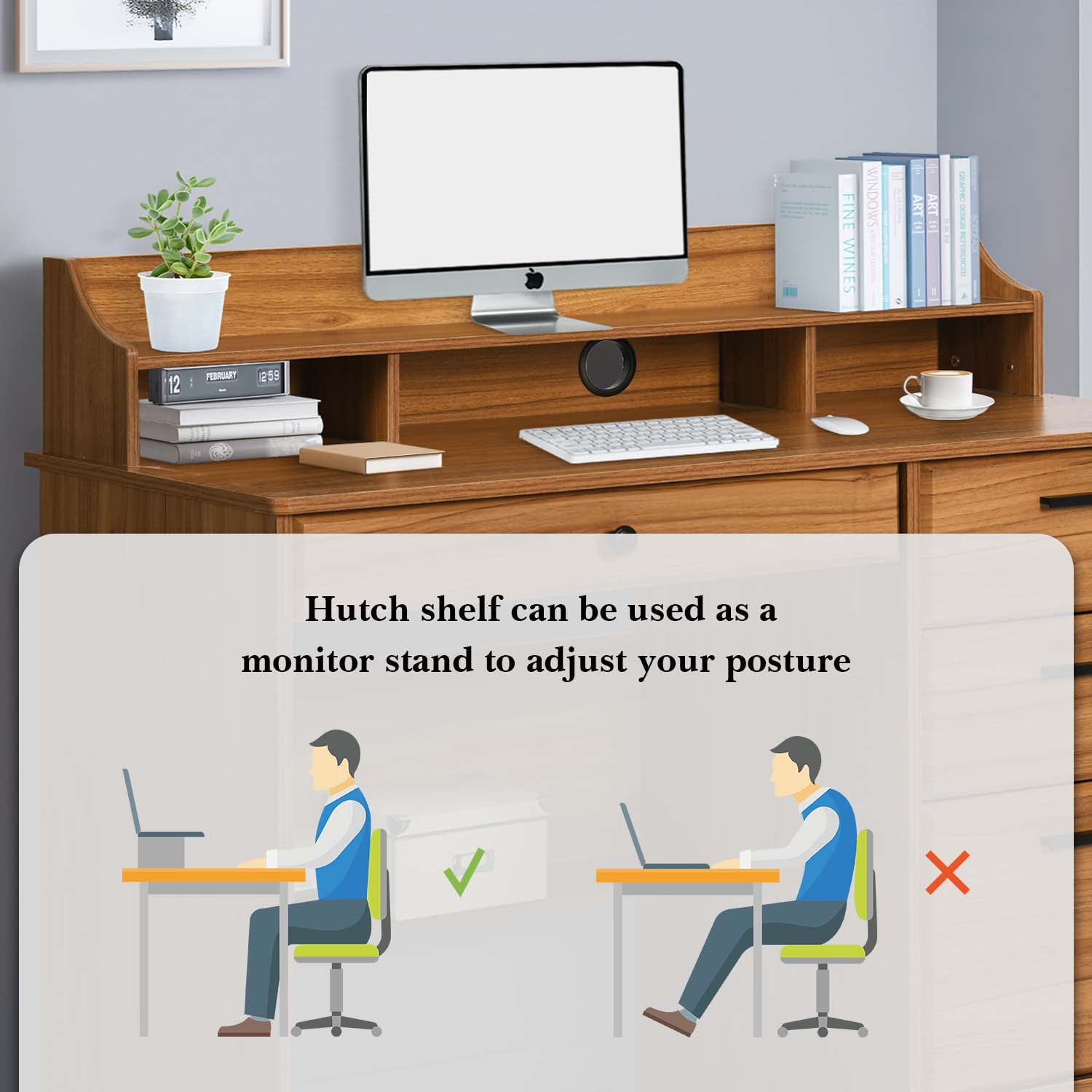 4 Ever Winner Wooden Computer Desk with Hutch Shelf and Storage, Brown