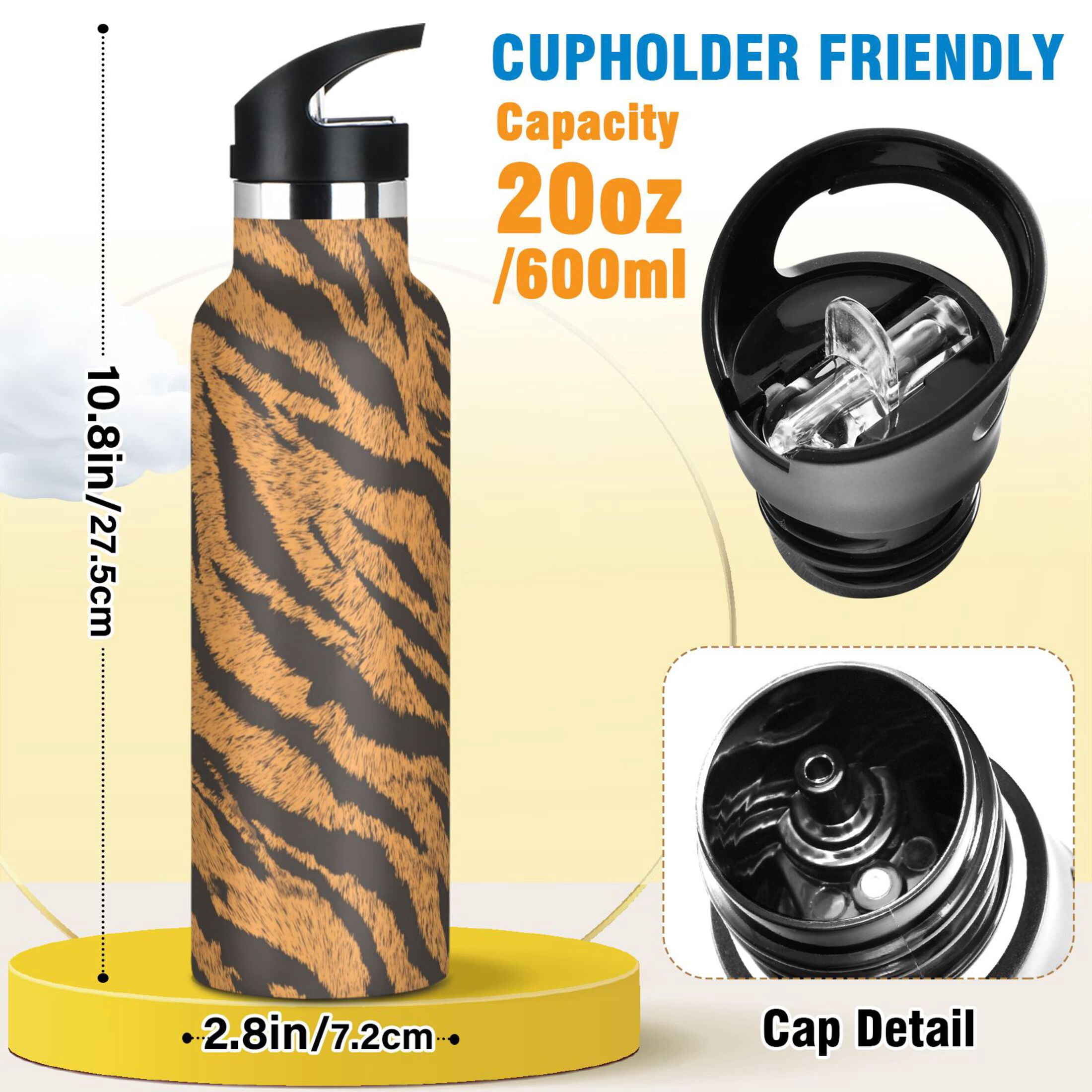 Kids Insulated Stainless Steel Sports Water Bottle 600ml Tiger Stripes Pattern