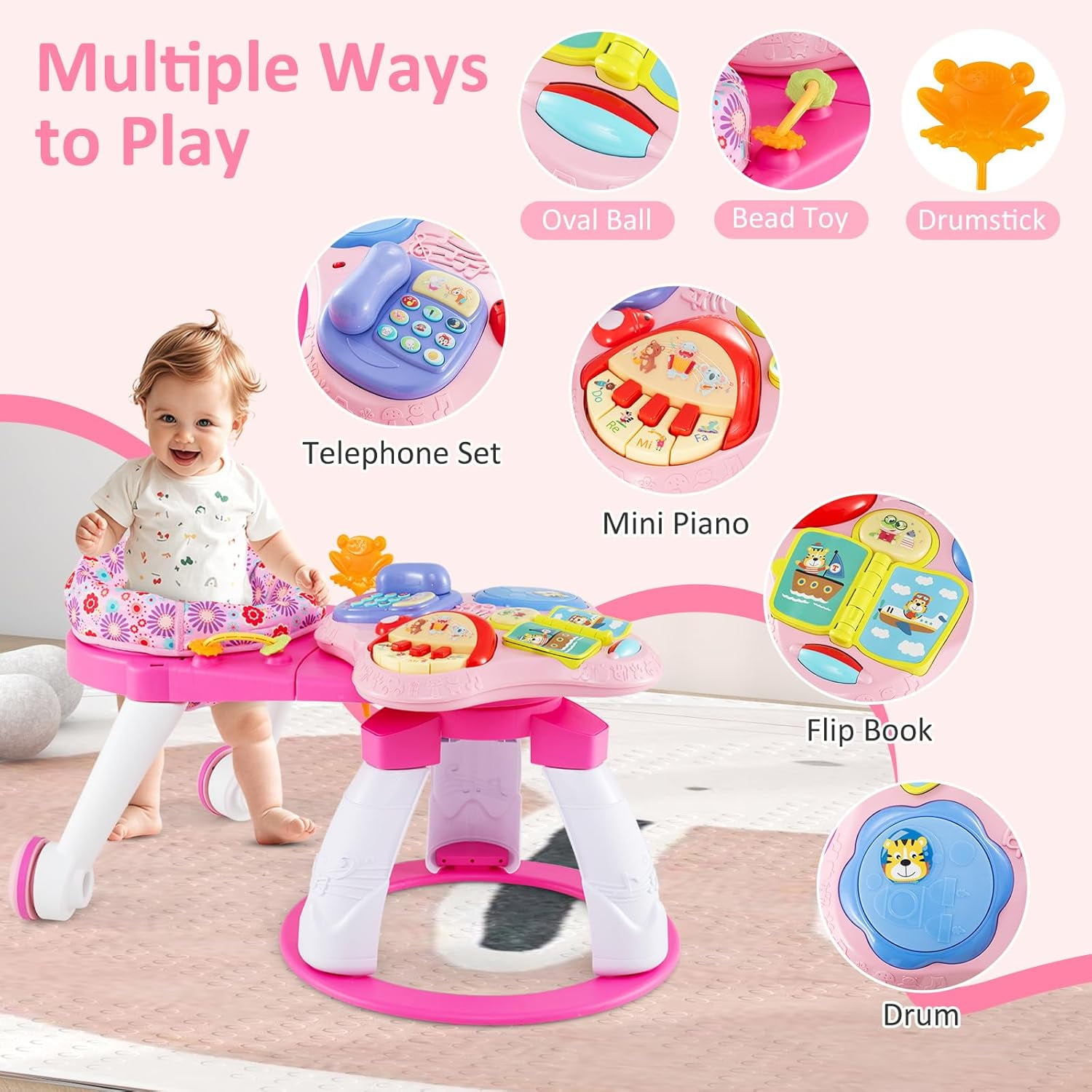 OLAKIDS 3 in 1 Walk Around Baby Activity Center, Baby Walker with Play Table, Wheels, Detachable Seat Cushion, 3 Adjustable Heights, Learning Toys for Boys Girls Aged 6-36 Months