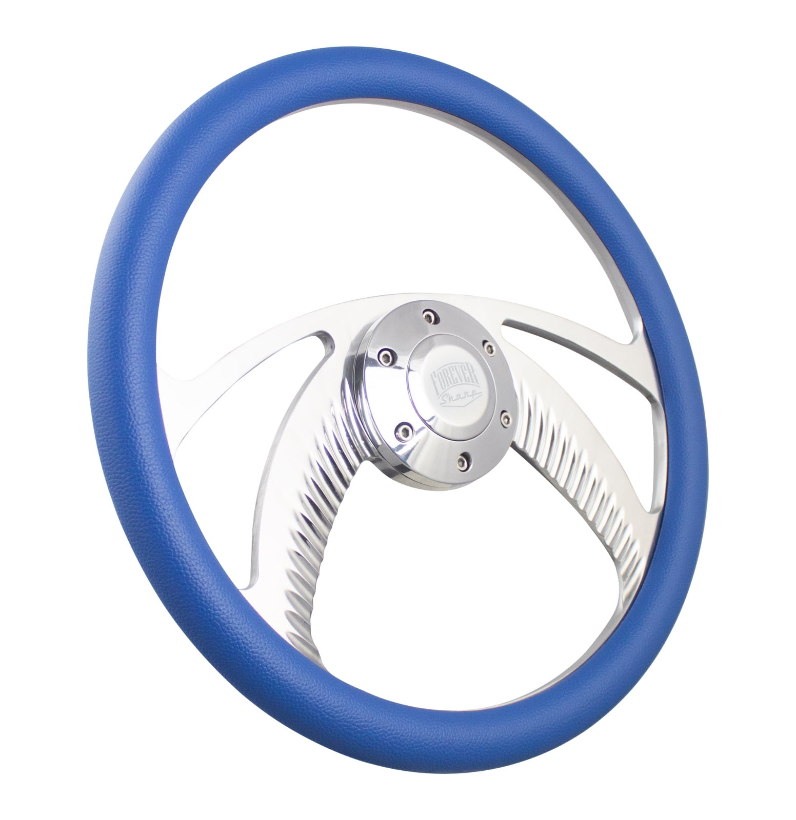 14 Inch Polished/Chrome Steering Wheel Blue 1/2 Wrap Grip Chrome Spokes