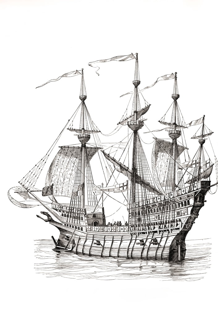Man-Of-War Which Carried King Henry Viii From England To France In 1520 For His Meeting With King Francis I On The Field Of The Cloth Of Gold After A Drawing By Holbein From Military And Religious Lif