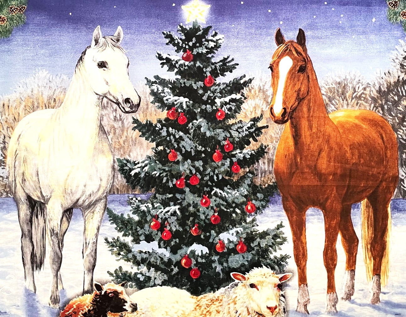 1 Panel - Horses & Sheep Farm Christmas Cotton Fabric Panel - Persis Clayton Weirs (Great for Quilting, Sewing, Craft Projects, Wall Hangings, and More) 35" X 44"