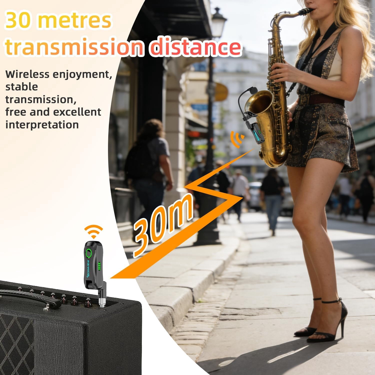 Wireless Saxophone Microphone System, Clip on Instrument Microphone, 2.4G Wireless Instrument Transmitter Receiver, 360° Adjustable Mic, Unidirectional Pickup, 100ft Range for Saxophone Trumpet, Blac