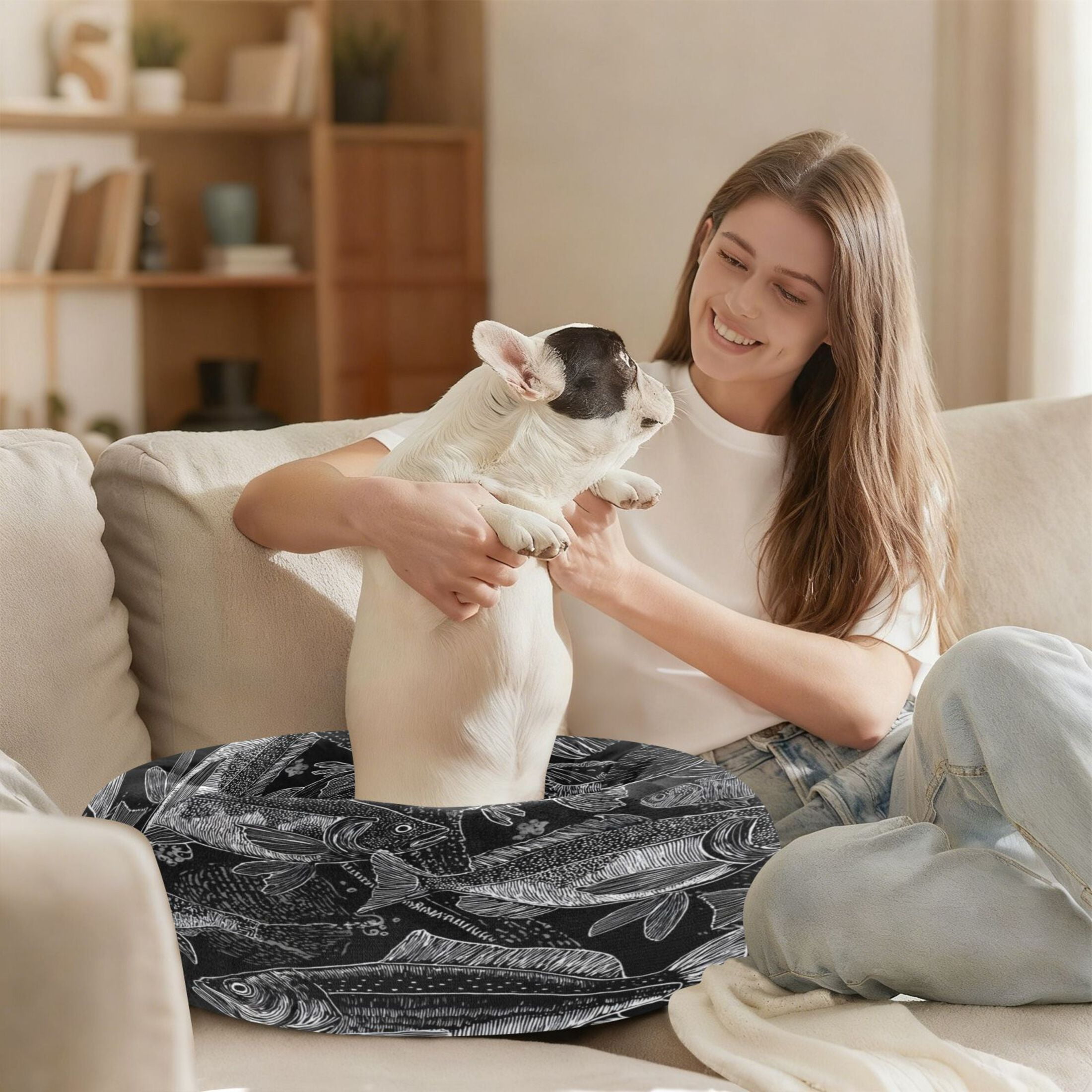 Iauyy Pet Couch Donut Cat Bed for Indoor Cats/Small Dogs Washable & Machine with Non-slip Bottom Calming Cat Furniture, Fish Pattern (M)