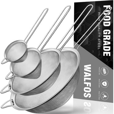 Walfos Fine Mesh Strainer 4PCS, Versatile Kitchen Strainer with Handle - 7", 5", 3.3", 2.8" Sieve Fine Mesh Stainless Steel, Metal Strainers and Sifters for Rice, Quinoa, Tea, Cocktail, Pasta, Juice