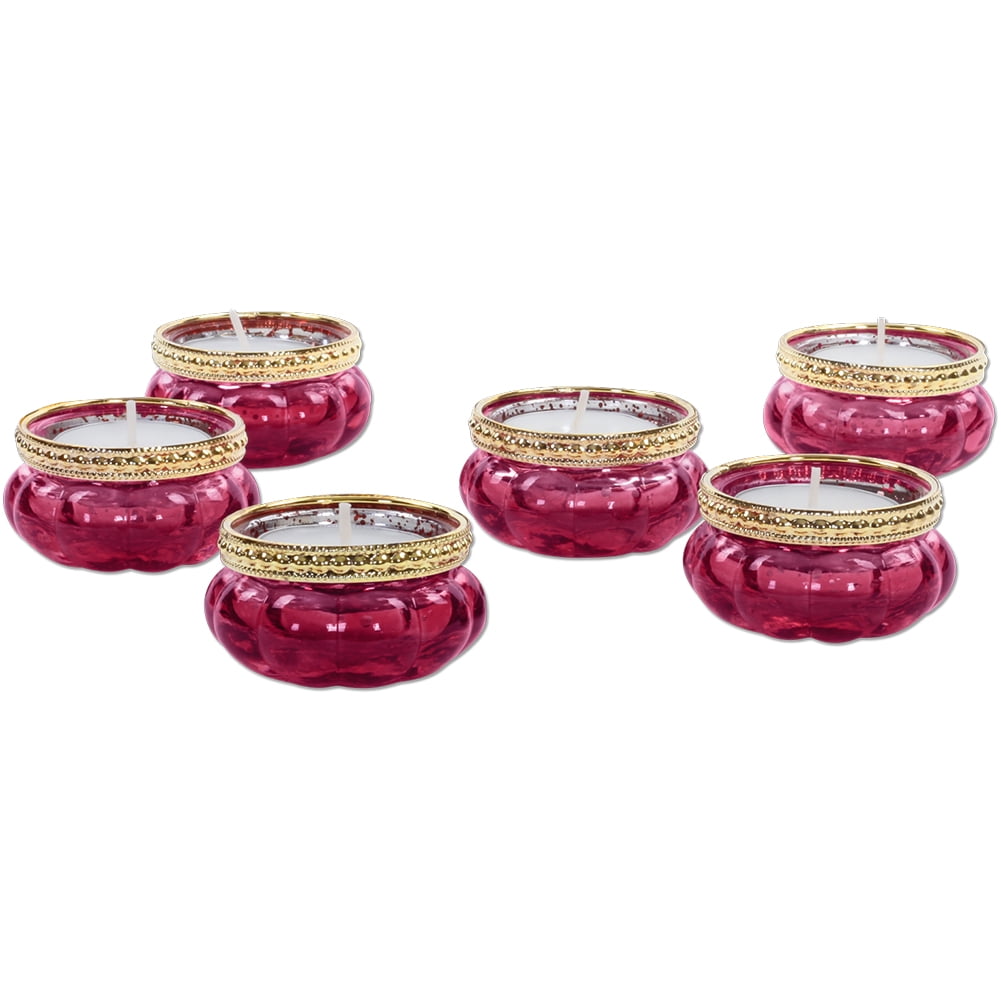 Koyal Wholesale Bloom Tea Light Holders, 6−Pack Petite Antique Pink Glass Tealight Cup with Gold Rim, Vintage, Boho