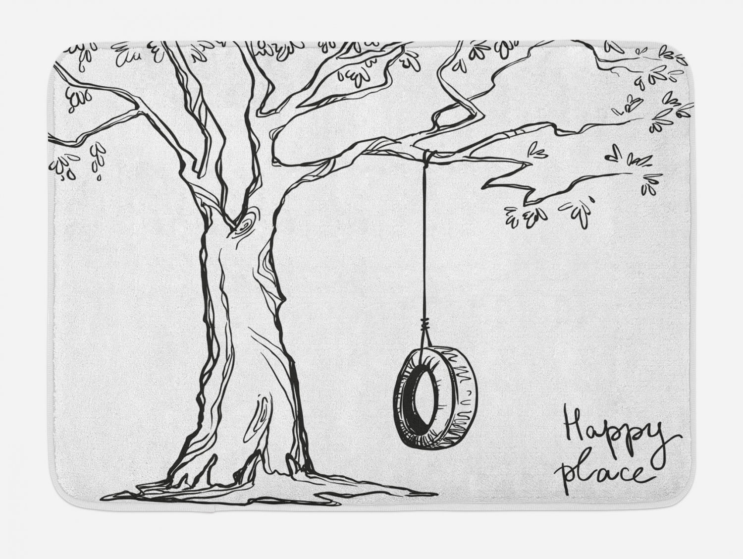 Tree Bath Mat, Tree with a Tire Swing Illustration "Happy Place" Summer