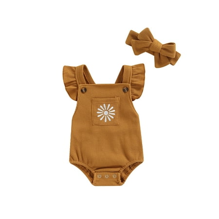 

Genuiskids Newborn Baby Girl Summer Romper Headband Outfits Waffle Rainbow Ruffles Backless Onesie Playsuit One Piece Clothes