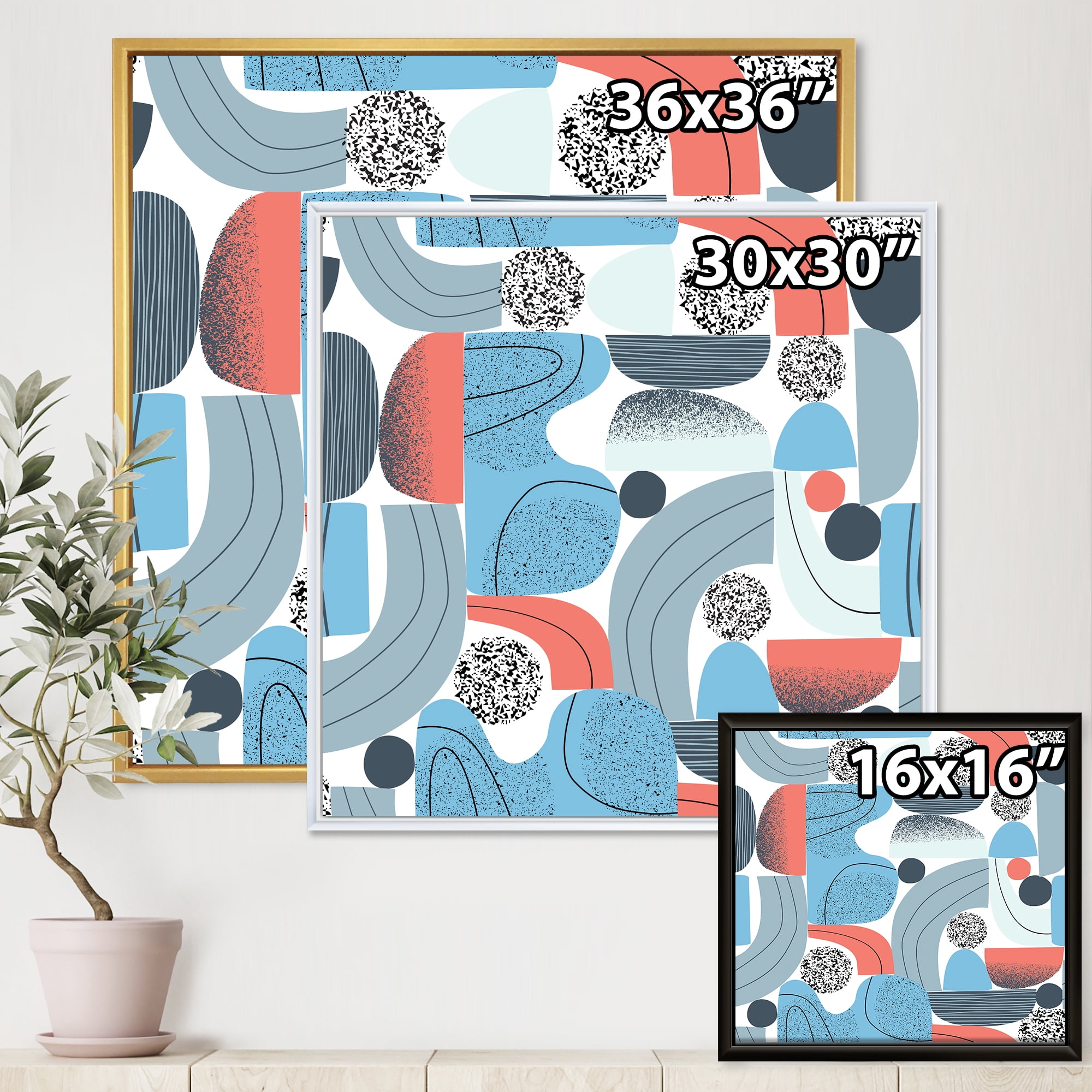 Designart 'Retro Shapes With Abstract Moons and Suns II' Modern Framed Canvas Wall Art Print
