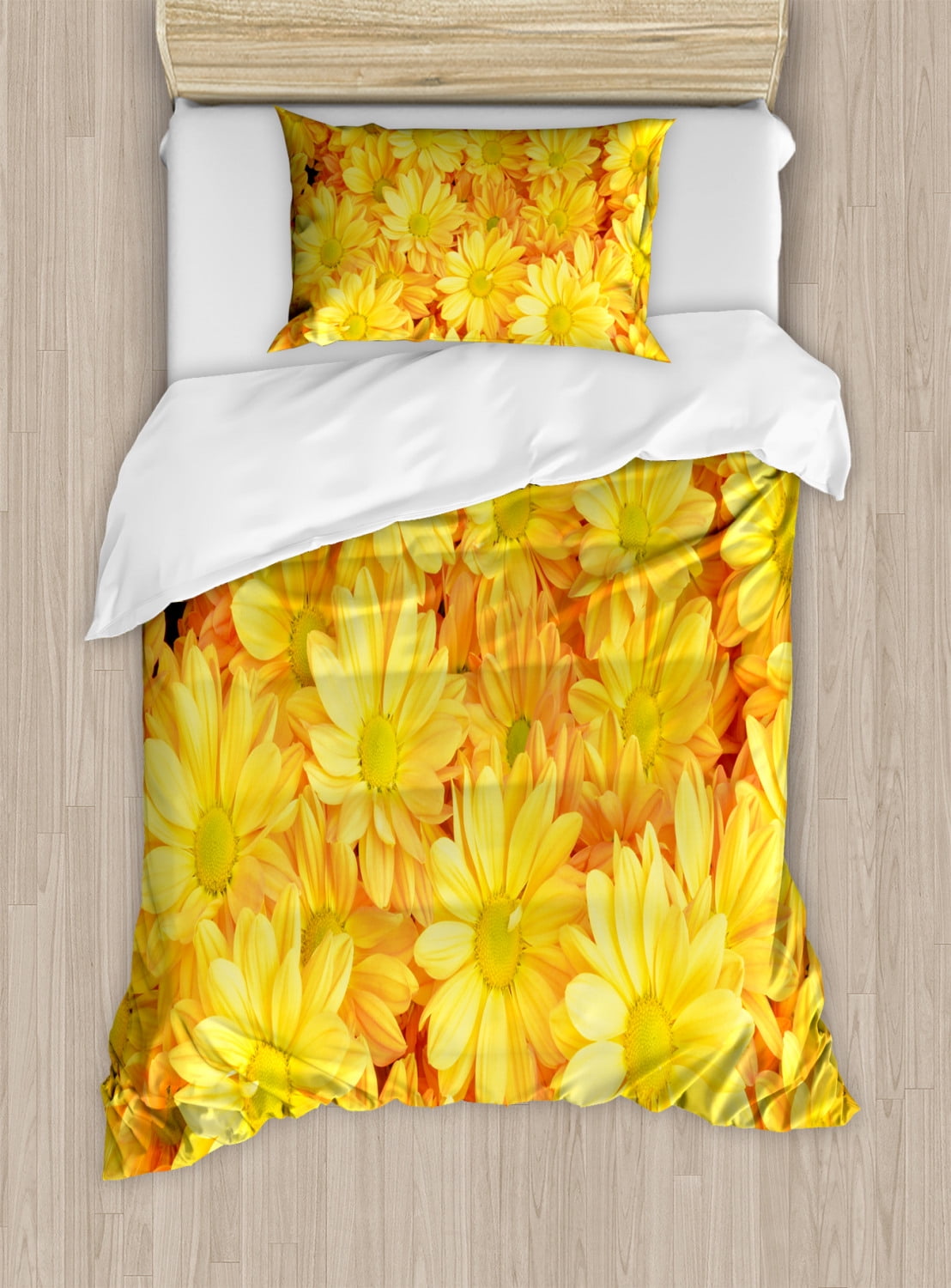 Yellow Flower Twin Size Duvet Cover Set, Lively Daisies Fresh Bouquets