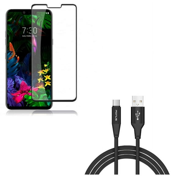 G8 ThinQ Screen Protector w 6ft USB Cable - Tempered Glass 3D Curved Edge Case Friendly Full Cover, Type-C Charger Cord Power Wire USB-C for LG G8 ThinQ Phone