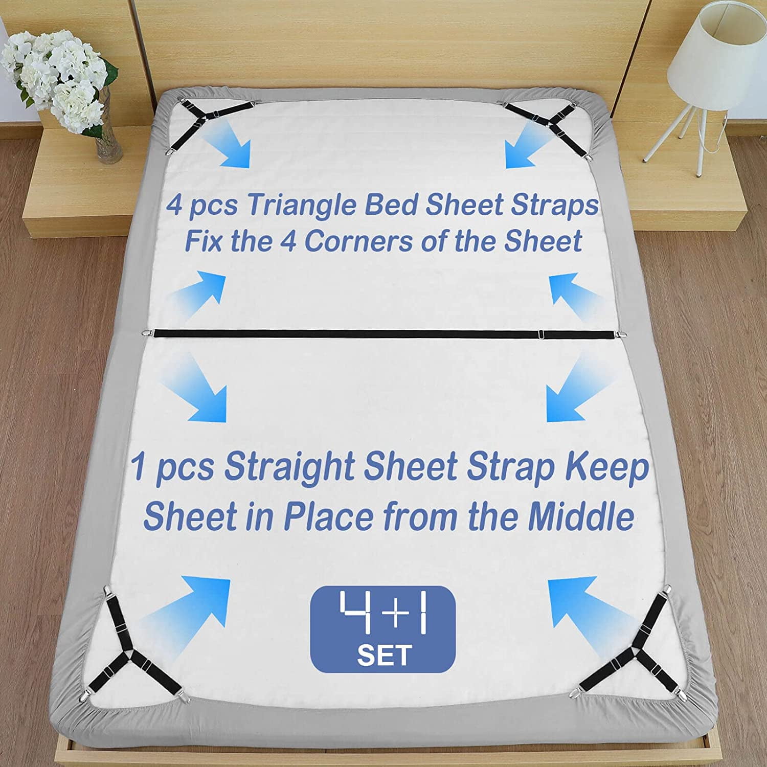 Bed Sheet Holder Straps, 4+1 Set, 1 Straight Fitted Sheet Straps for the  Mattress Middle and 4 Triangle Bed Sheet Clips for Corners, Adjustable