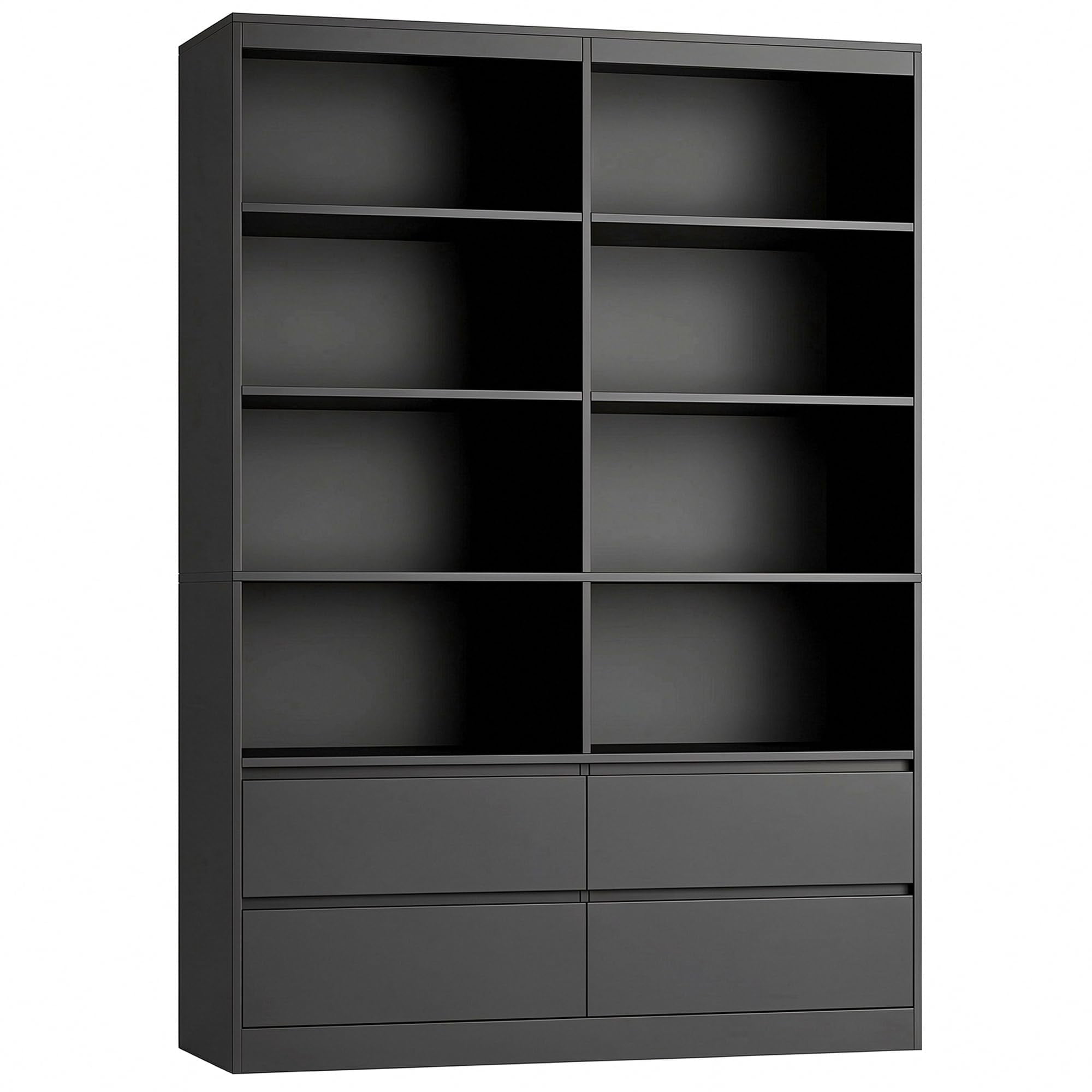Tall Bookshelf Storage Organizer Large Bookcase Display Unit Home Office Living Room Furniture Four Drawers Eight Open Cubbies Modern Minimalist Style